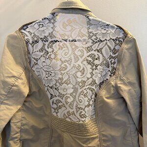 Upcycled Maurices women's tan khaki jacket with lace added in size large